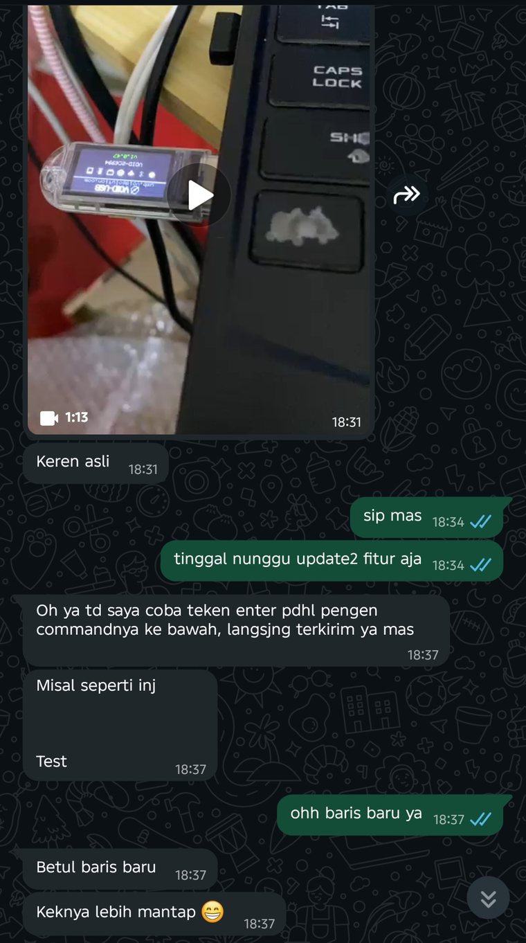 WhatsApp chat: a buyer sends a video of the device plugged in and reacts to it, then asks for a change that was made.