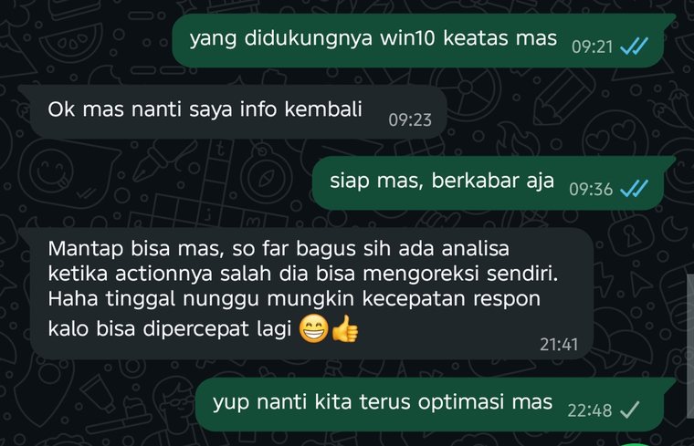 WhatsApp chat: a buyer says the agent analyses and corrects its own mistakes.