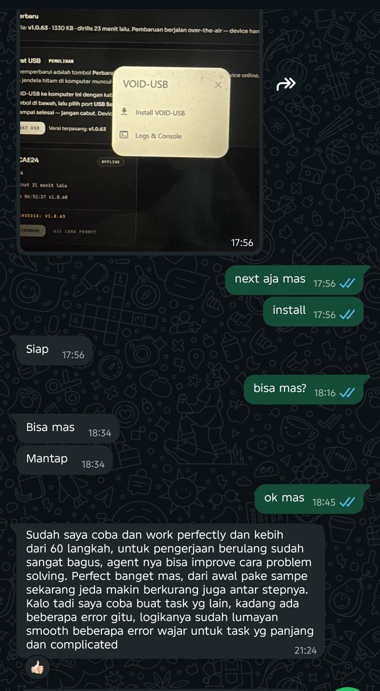 WhatsApp chat: a buyer reports a 60-plus step automation run working perfectly, the agent improving its own problem solving, and shorter pauses between steps.